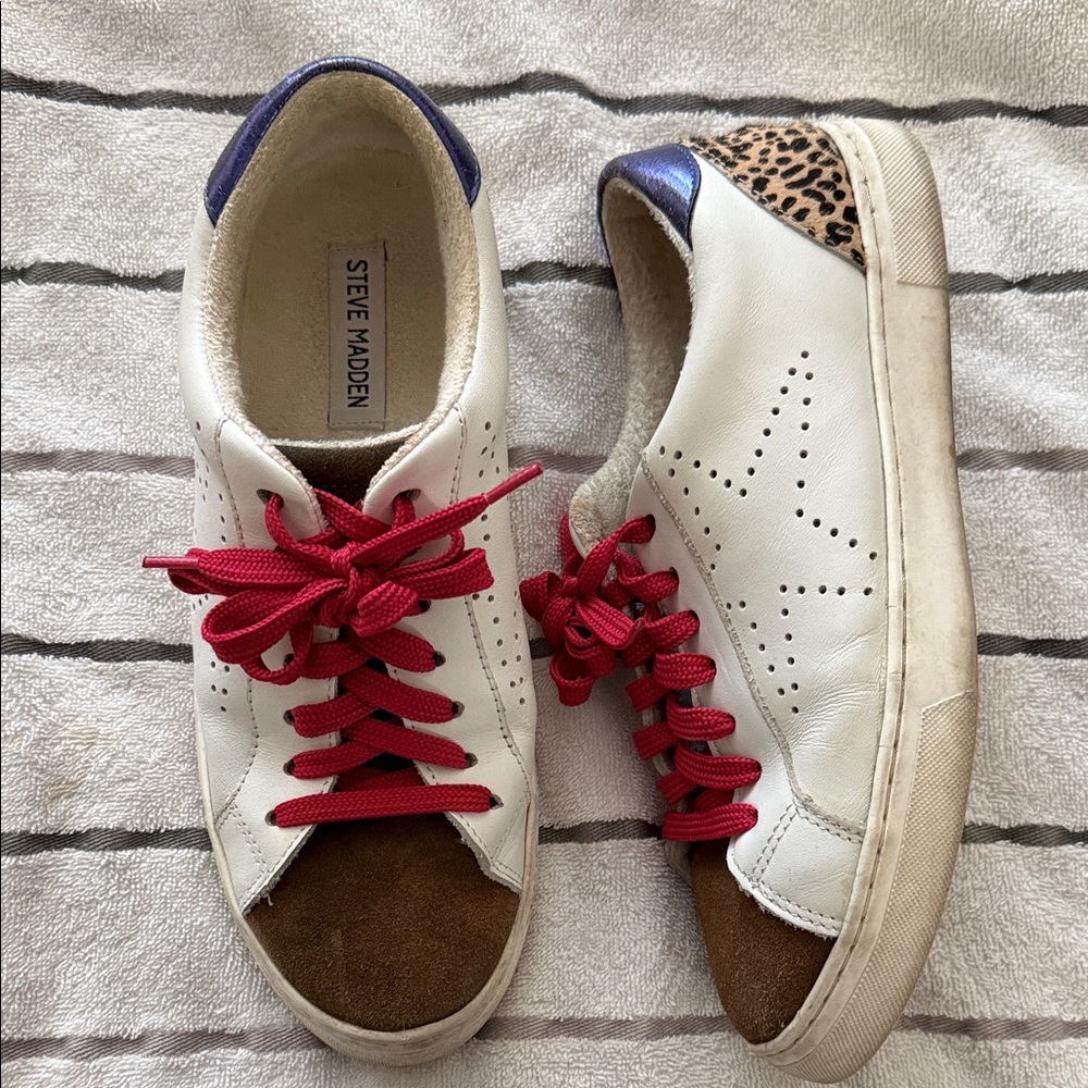 Steve Madden White Leather Sneakers with Red Laces and Leopard Heel